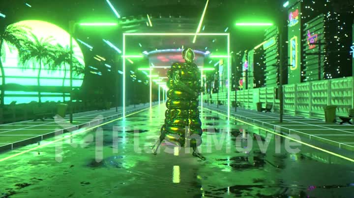 Cyberpunk guy dancing against retro sunset background. Night city. Road. Green neon. Futuristic concept. UFO. 3d animation