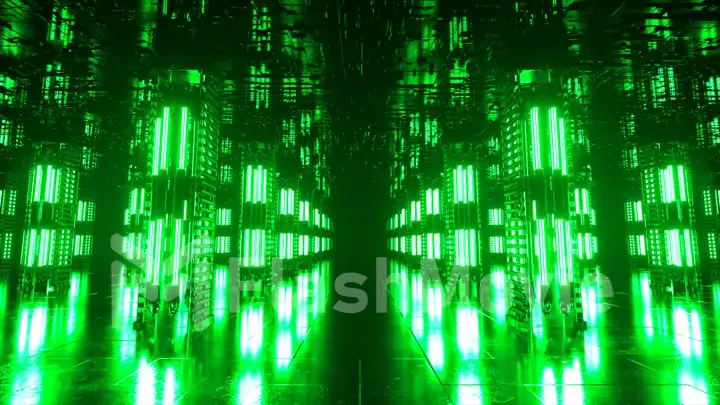 A long futuristic corridor with a technological interior. Neon light moving rapidly from the end of the tunnel. Sci fi room. Seamless loop 3d animation