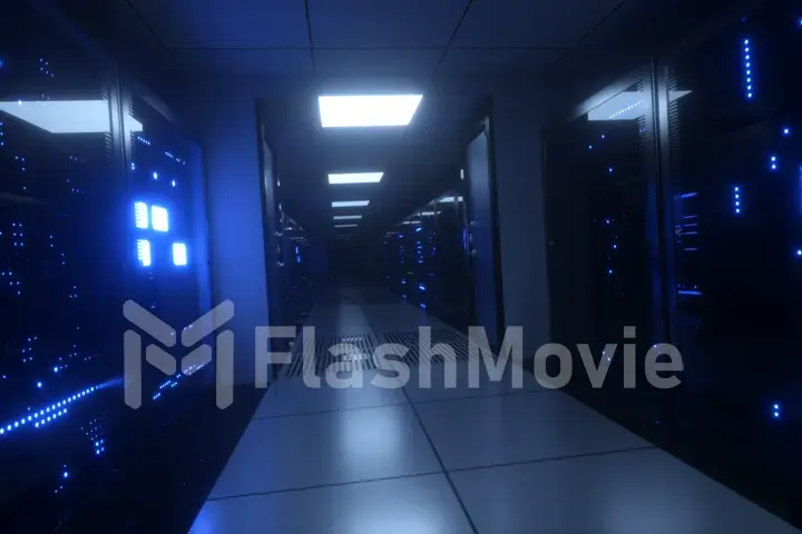 Endless flight along server blocks. Data center and internet. Server rooms with working flickering panels behind the glass. Technology corridor. Camera shaking. 3d illustration