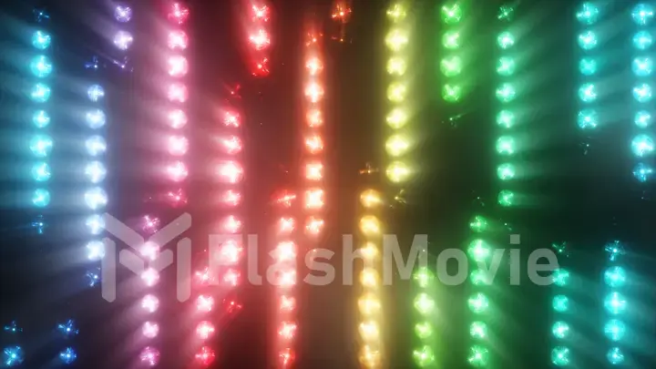 Colorful flashing of multicolored spotlights of light bulbs in texture from bottom to top with smoke. 3d illustration