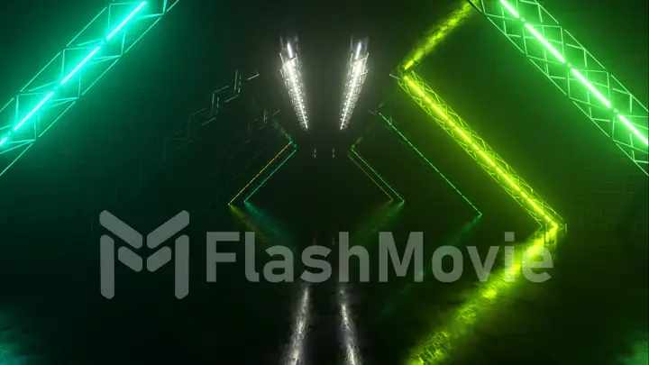 Abstract neon background flying forward through the corridor, glowing green blue lines appear. 3d illustration