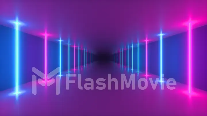 Abstract seamless looped 3d illustration of a flight in a futuristic corridor, luminous light tubes, lasers and lines. Modern colorful light spectrum