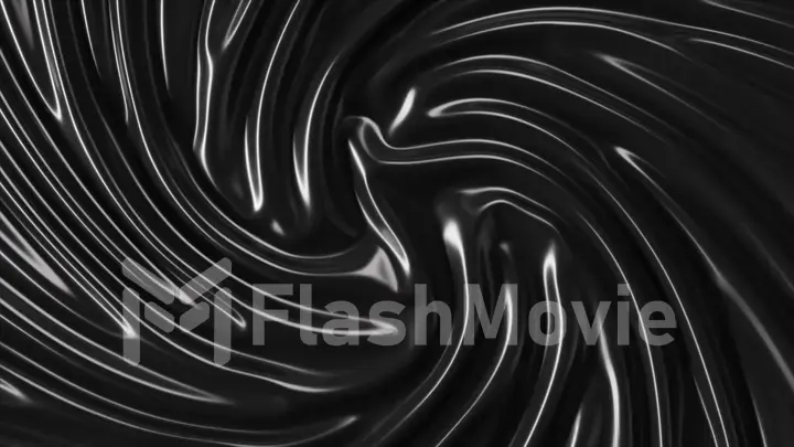 Smooth satin black fabric twists down the middle. Silk. Creases in fabric. Drapery. Abstract concept. 3d illustration