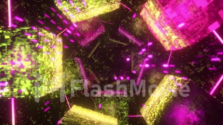 Flying in technological cyber space. Sci-fi spaceship tunnel. Futuristic technology abstract seamless VJ for tech titles and background. Motion graphic for internet, speed. Seamless loop 3D render