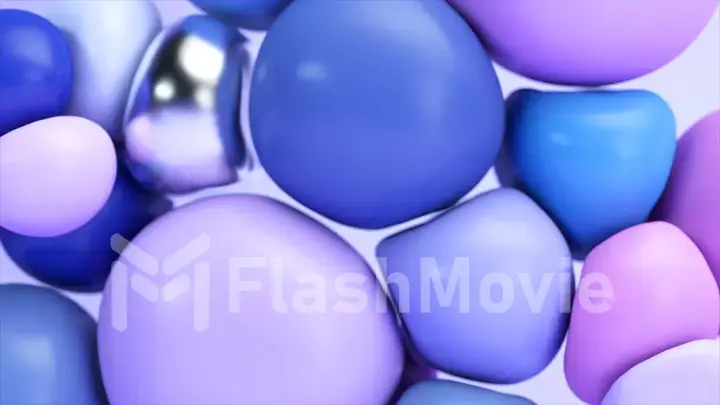 The blue purple and metal spheres collide and change shape. Soft round flying balls. Rubber. 3d illustration