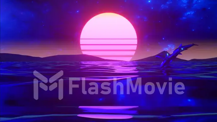 Retro 80s style. Fly endlessly over the digital ocean. Dolphins are jumping over the water. Colorful retro sunset. 3d illustration
