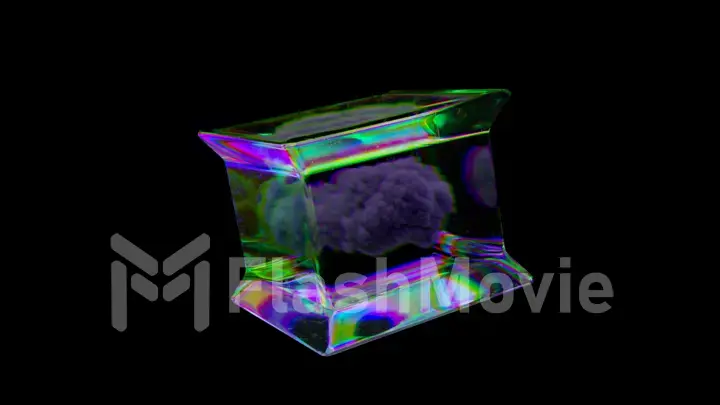 A gray blue cloud inside a glass rotating box. Black isolated background. Transparent cube. Rainbow color.