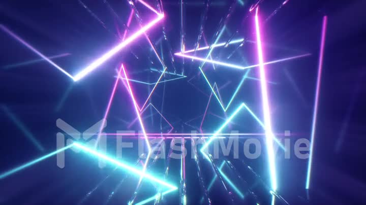 Flying through glowing neon lines creating a tunnel, blue red pink violet spectrum, fluorescent ultraviolet light, modern colorful lighting, 4k seamless loop cg animation