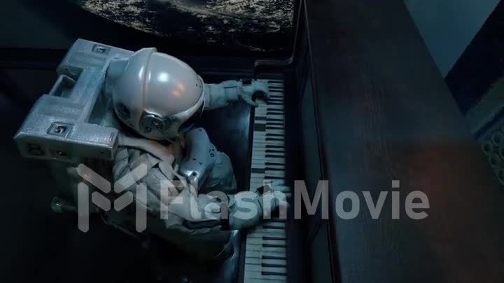 Astranaut in a spacesuit plays the piano in a spaceship overlooking the planet earth. Space and music concept. 3d animation