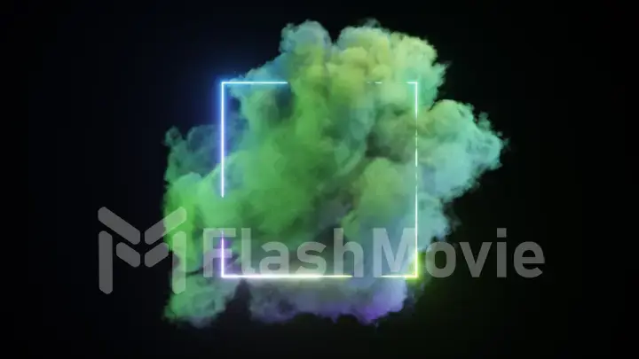 Neon rainbow square on an isolated black background. A blue green cloud flies around and inside the square