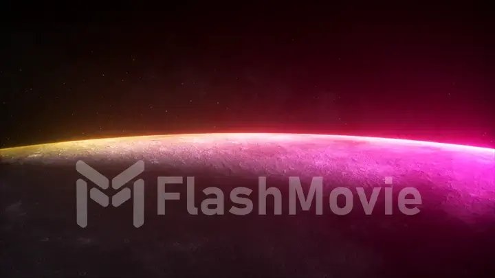 Fantastic neon sunrise on the moon from space. The rotation of the moon. Modern ultraviolet lighting. Yellow purple light spectrum. Stars and space 3d illustration