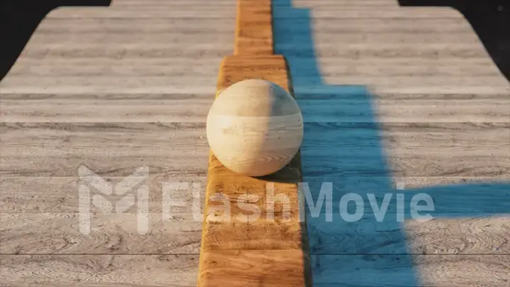 A ball similar to Jupiter rolls on a wooden track. Road from white boards. 3d illustration