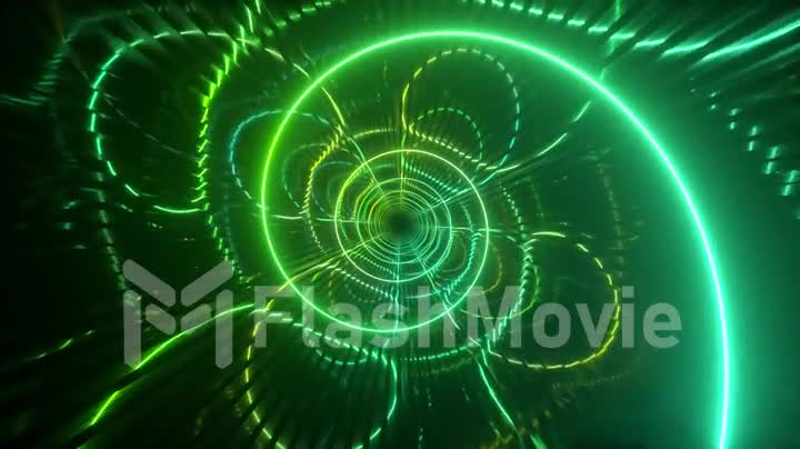 Gradient neon spiral metal tunnel background. Endless flight forward. Modern neon lighting. Seamless loop 3d render