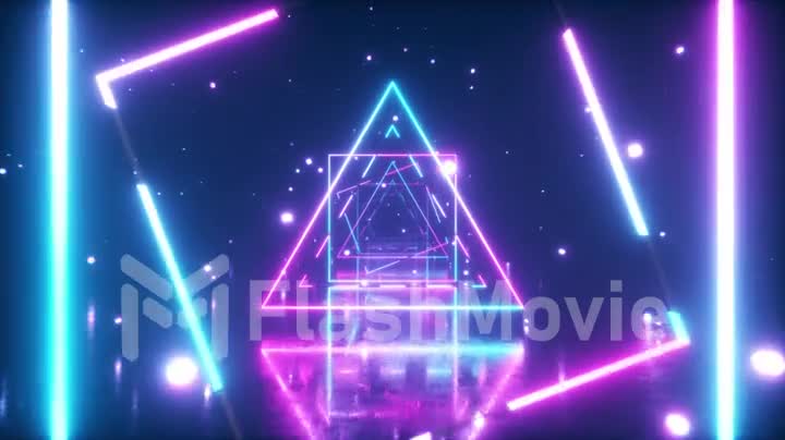Abstract flight in space through glowing rotating neon squares and triangle