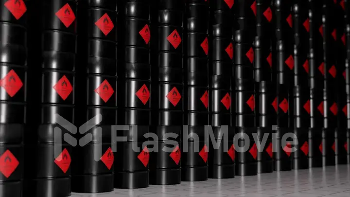 Rows of black metal barrels with oil. Warehouse of toxic materials. Life threatening. Embargo. 3d illustration