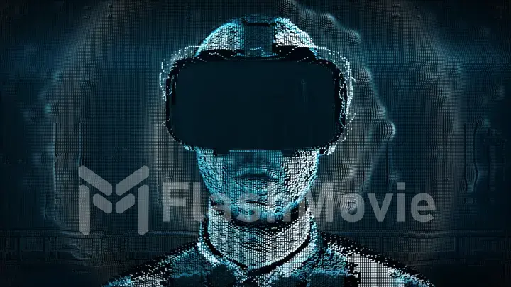 A talking hologram of a young man with digital disturbances in virtual reality glasses