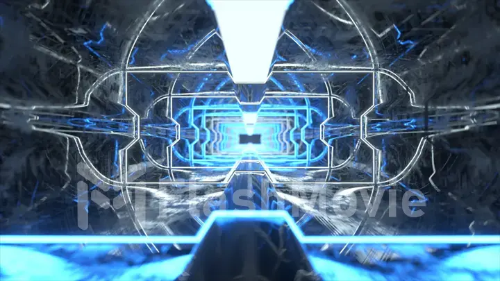 Futuristic animation of flying through a blue tunnel with neon lights. 3d illustration