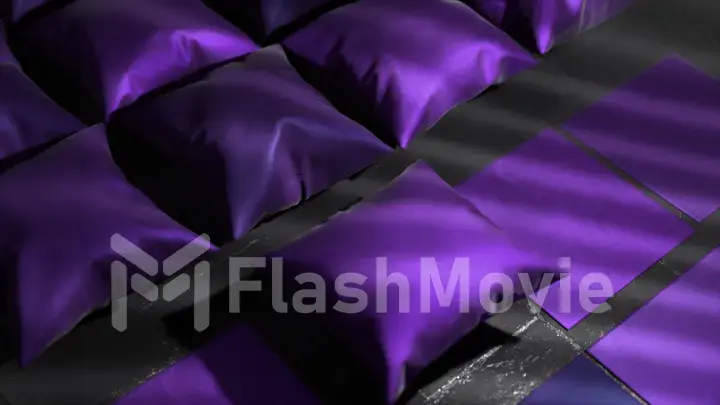 Violet flat squares transform into inflatable pillows. Shadow on the floor. Flying over red satin pillows.