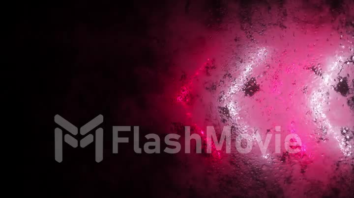 Bright neon arrows flash through a fogged window. Drop of water on the window. Seamless loop 3d render