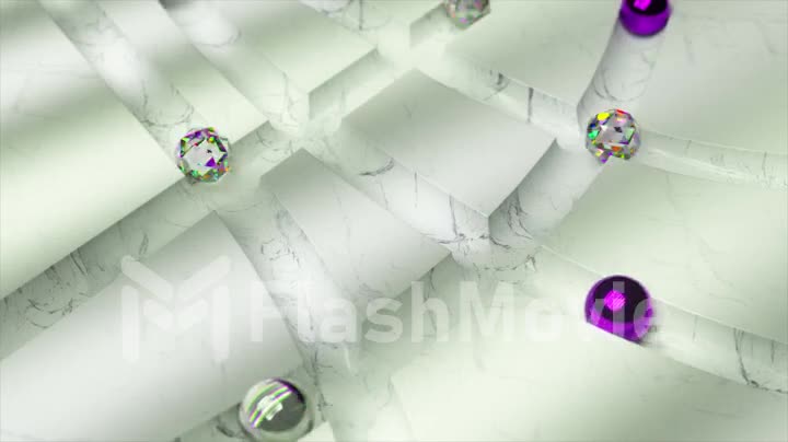 Diamond and metal and glass balls roll through the white marble labyrinth. 3d animation of seamless loop