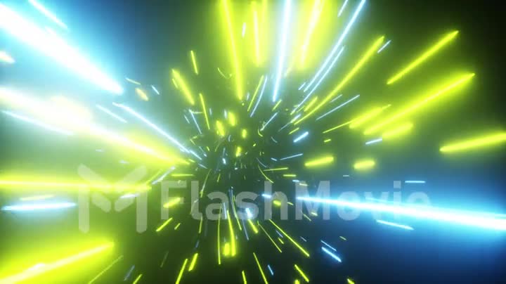 Flying in an abstract bright neon technology tunnel