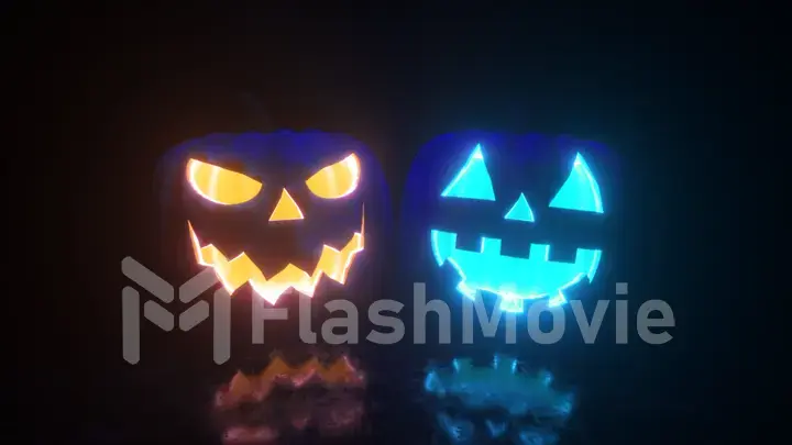 Halloween, two pumpkins with a scary face glow from the inside in two different colors. Bright neon lighting. 3d illustration