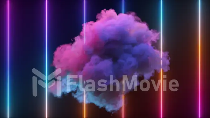 Bright mystical cloud rotates against the background of neon vertical lines. Smoke. Fantastic modern design. Blue pink