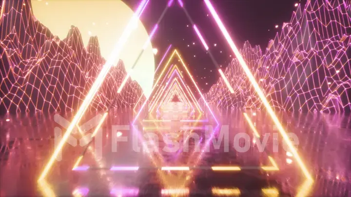 80's Abstract retro futuristic background. Beautiful 3d illustration with ultraviolet neon triangle modern lights. Retro wave stylization. Flying in space with particles and sun
