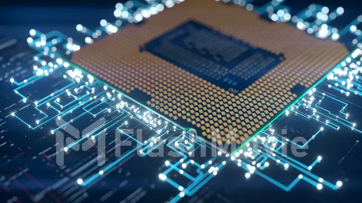 A computer processor with millions of connections and signals. Technology cpu background. Pulses and signals from the chip propagate through the motherboard. 3d illustration
