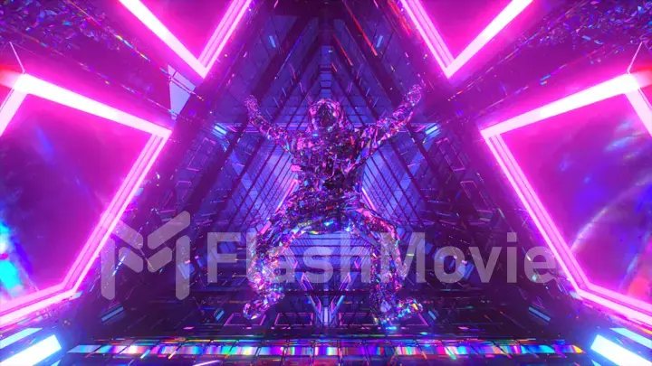 Crystal astronaut falling in the corridor of a spaceship. Neon light. Diamond composition. 3d illustration