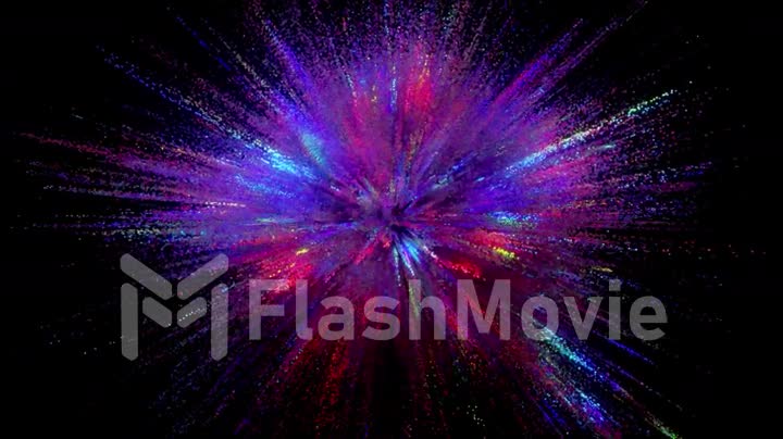 An explosion of colors on a dark background. Blue and purple color. 3D animation of a seamless loop.
