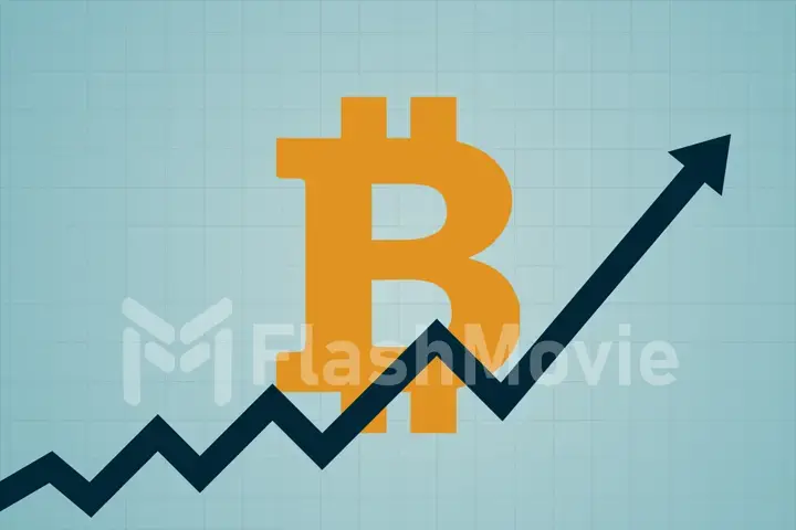 flat icon design of uptrend line arrow breaking through bitcoin sign on blue color background