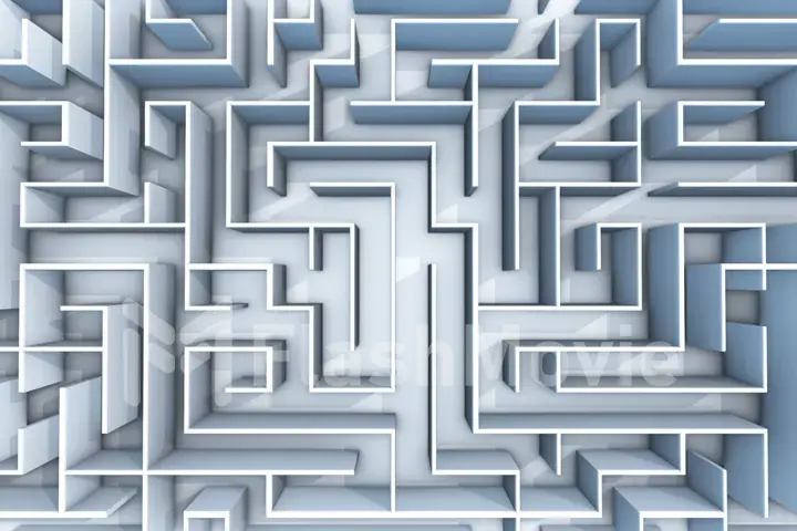 3d illustration flight over endless maze with illuminated blue walls