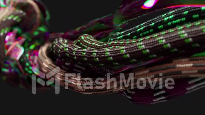 Wires and ropes randomly move, twist and unwind on a black background. Green and purple neon color. Wave. 3d animation.