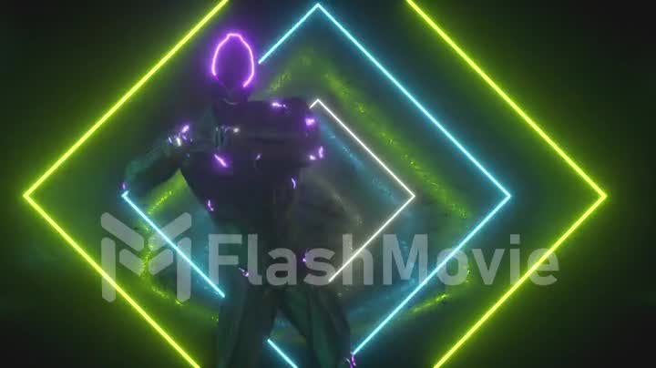 Dancing alien robot on a metal neon background