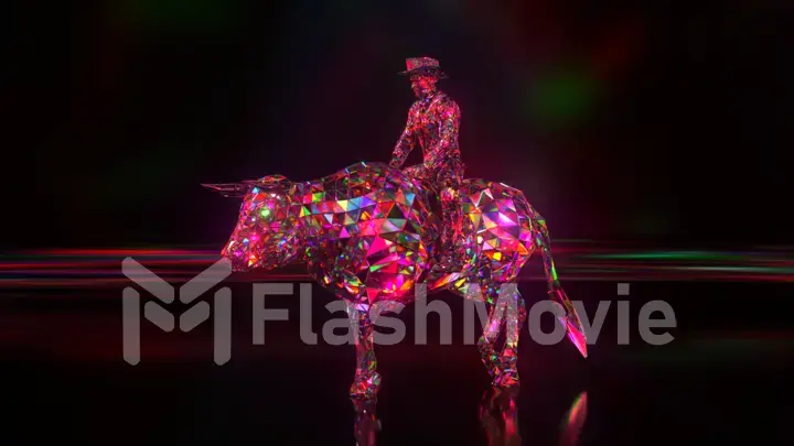 Diamond collection. Cowboy riding a bull. Nature and animals concept. 3d illustration