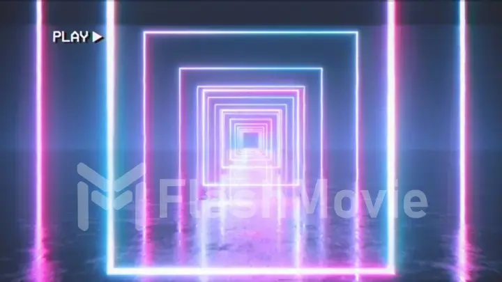 Flying in a retro futuristic space with glowing neon square in the style of the 80s. 3d illustration. The effect of the old film cassette with noise, interference and distortion.