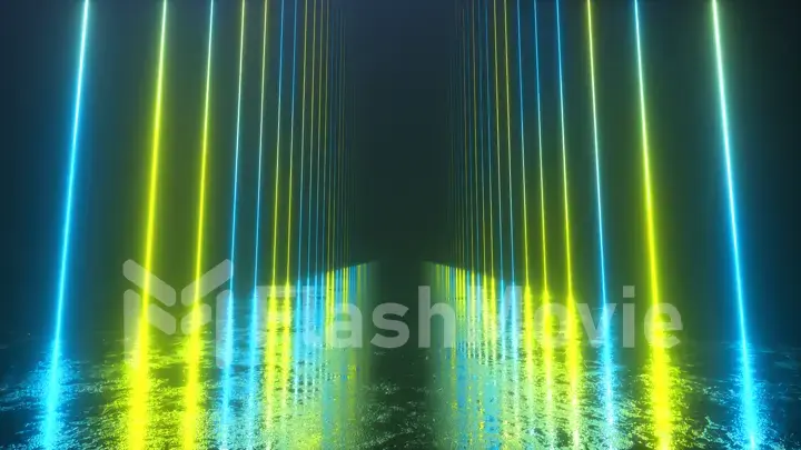 Endless corridor with neon lines tending up. Metal reflective scratched floor. 3d illustration. Modern colorful neon light spectrum