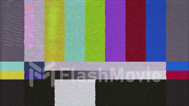TV screen error. SMPTE color stripe technical problems. Failures in color bar data. Intentional glitch distortion. TV test sample, with colored stripes, black box and warning.