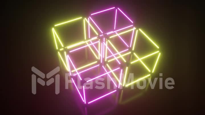 Four rotating glowing neon cube, fluorescent ultraviolet light, pink yellow spectrum, abstract seamless loop 3D render geometric background