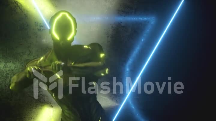 Dancing alien robot on a metal neon background