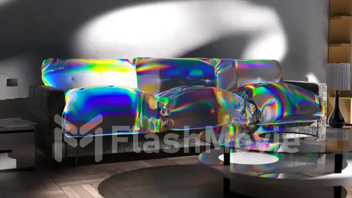 Gray sofa transforms into a liquid transparent rainbow substance. Office furniture. Shadow on the white wall.