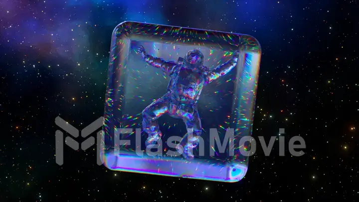 Ice cube rotates on Space Background. Diamond astronaut inside a transparent cube. Blue neon color.