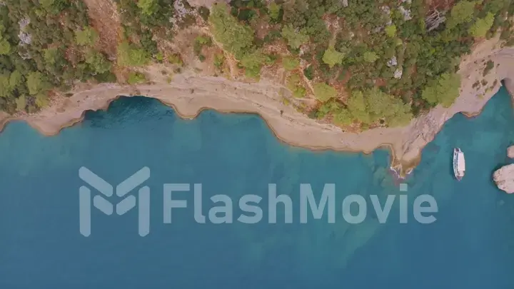 Top view of a rocky shore covered with green trees. Cave in the rock. The boat is near the shore. Aerial drone view