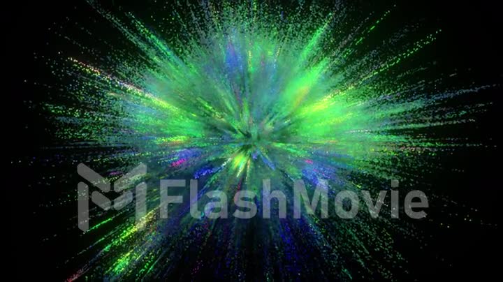 An explosion of colors on a dark background. Blue green color. Multicolored particles. 3D animation of a seamless loop.
