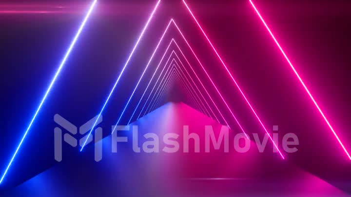 Glowing rotating neon triangles creating a tunnel, blue purple pink violet spectrum, fluorescent ultraviolet light, modern colorful lighting, 4k loop animation