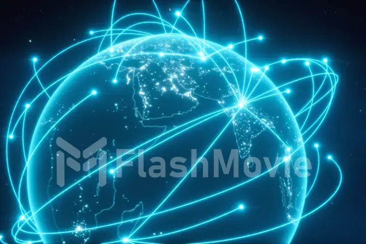 World connections with city lights. Blue. Earth globe. Spinning Earth with light lines growing from major cities all over the world. 3d illustration