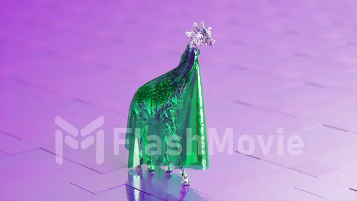 The concept of impersonation. A diamond giraffe in a shiny robe walks on glossy tiles. Green violet color.