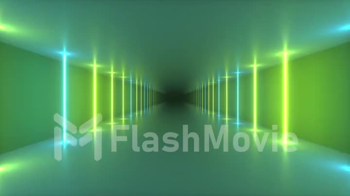 Abstract seamless looped 3D render of a flight in a futuristic corridor, luminous light tubes, lasers and lines. Modern colorful light spectrum