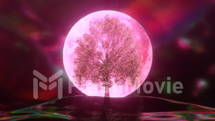 Diamond tree on the background of the moon. Pink neon color. 3d Illustration